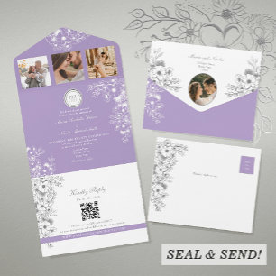Purple Romantic Floral Photo Wedding All In One Invitation