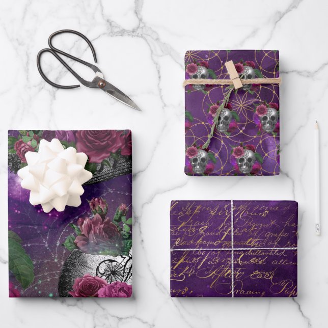 Purple Romantic Gothic Witch and Roses Wrapping Paper Sheet (Front)