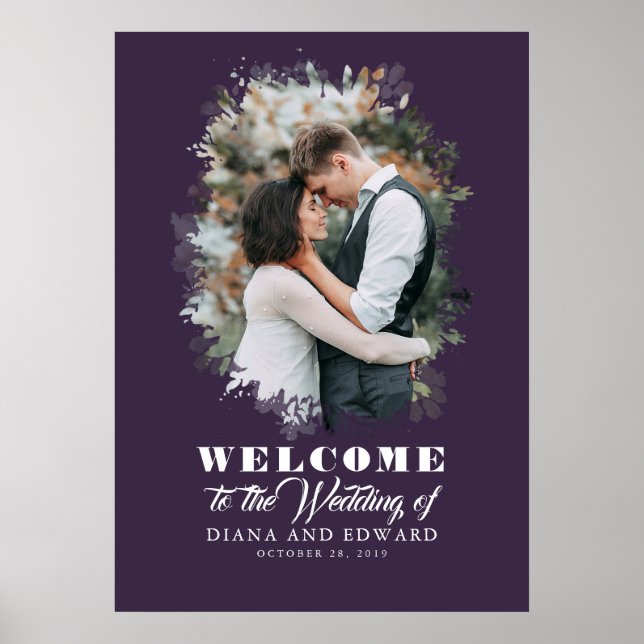 Purple Romantic Photo Wedding Welcome Sign (Front)