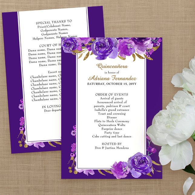 Purple Rose and Elegant Gold Leaf Quinceanera Programme (Purple floral program from my Rose and Gold Leaf quinceanera collection)