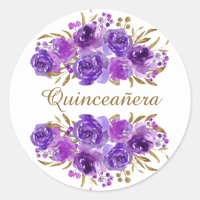 Purple Rose and Gold Leaf Quinceanera Classic Round Sticker (Front)