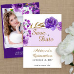 Purple Rose and Gold Leaf Quinceanera Photo Save The Date<br><div class="desc">Photo Save the Date for quinceanera or any other special occasion. Elegant floral design with watercolor rose flower blooms and leaves in shades of purple and gold. Modern chic design for your upcoming sweet 15, 15th birthday celebration. Please browse my Purple Rose and Gold Leaf Collection for matching products or...</div>