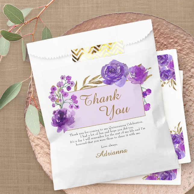 Purple Rose and Gold Leaf Thank You Party Favour Bags (Purple floral favor bags from my Rose and Gold Leaf quinceanera collection)