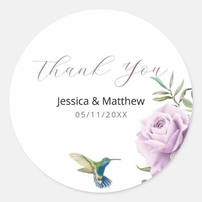 Purple Rose and  Hummingbird Classic Round Sticker (Front)