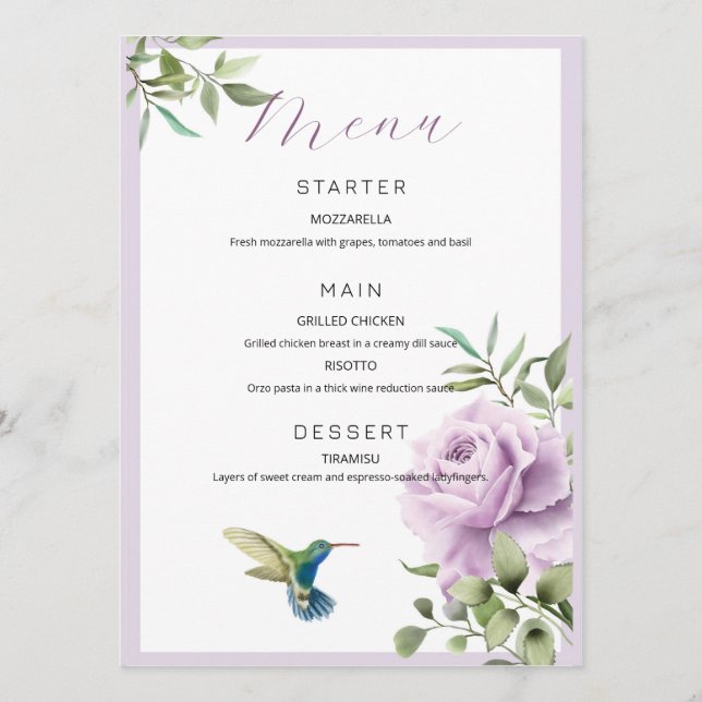 Purple Rose and  Hummingbird Menu (Front)
