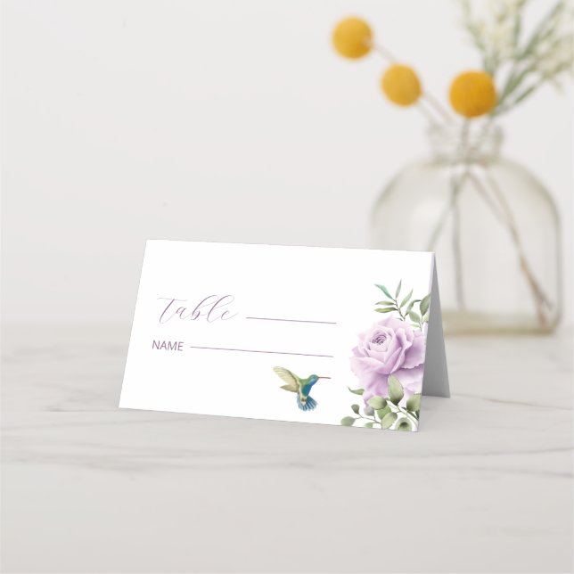 Purple Rose and  Hummingbird Place Card (Front)