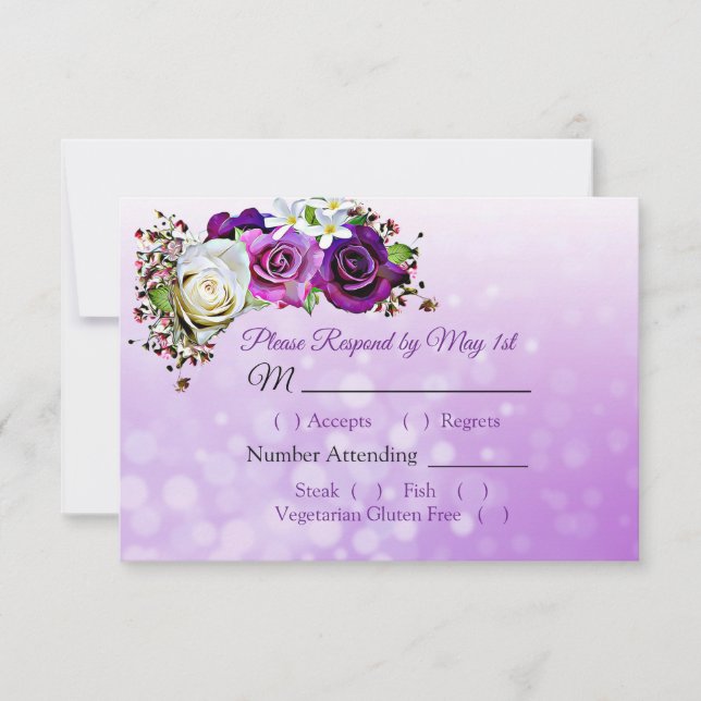 Purple Rose Bouquet Bokeh Wedding RSVP card (Front)