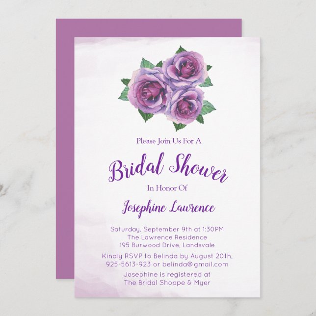 Purple Rose Bouquet Bridal Shower Invitations (Front/Back)