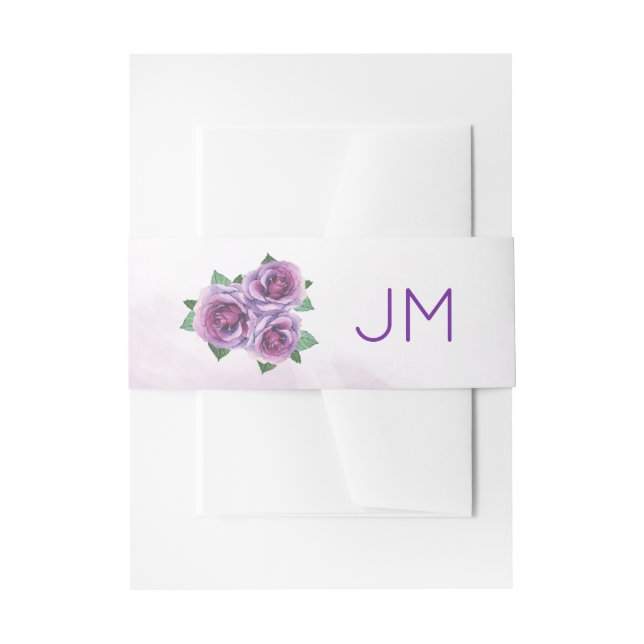 Purple Rose Bouquet Monogram Wedding Invitation Belly Band (Front Example)