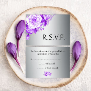 Purple Rose Bouquet on Silver Wedding  RSVP Card