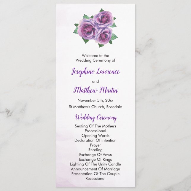 Purple Rose Bouquet Wedding Ceremony Programme (Front)