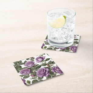 Purple Rose Budding Roses, Square Paper Coaster