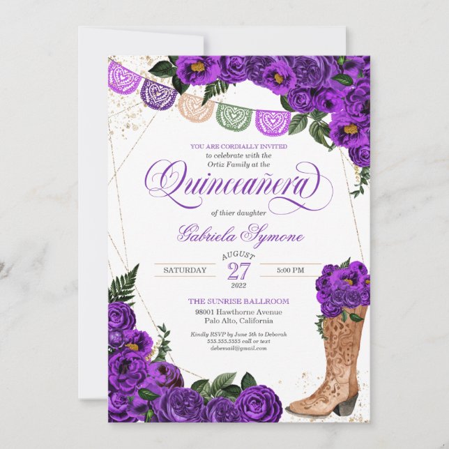 Purple Rose Charra Cowgirl Boots Quinceañera Invitation (Front)