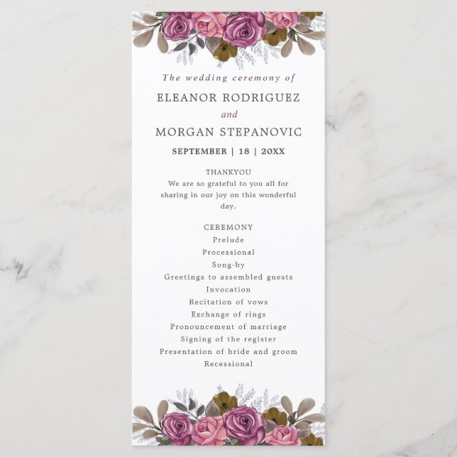 Purple rose coral pink floral wedding ceremony programme (Front)
