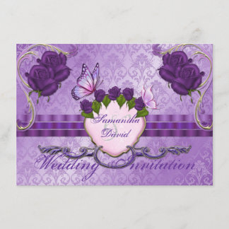 Purple Rose Damask Wedding Invitation