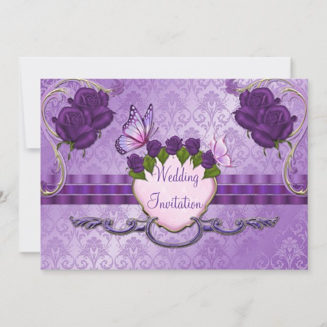 Purple Rose Damask Wedding Invitation (Front)