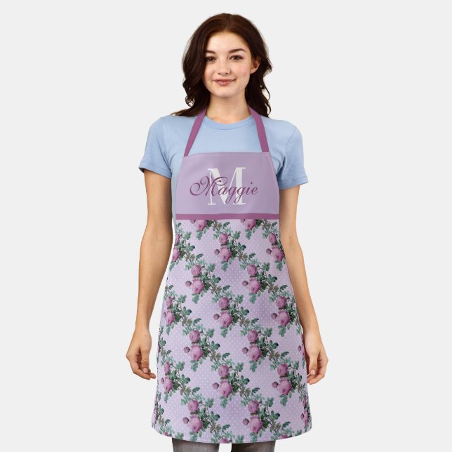Purple Rose Diagonal Stripes on Polka Dots  Apron (Worn)