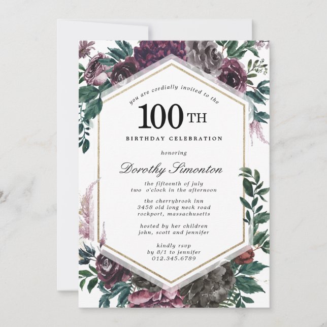 Purple Rose Floral 100th Birthday Party Invitation (Front)