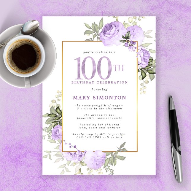 Purple Rose Floral 100th Birthday Party Invitation (Creator Uploaded)