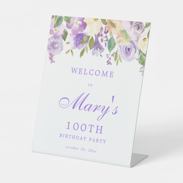 Purple Rose Floral 100th Birthday Welcome Pedestal Sign (Front)