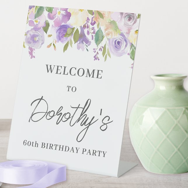Purple Rose Floral 60th Birthday Welcome Pedestal Sign (There are many more matching party supplies. Message me for help finding them.)