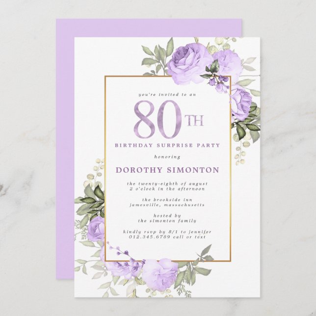 Purple Rose Floral 80th Birthday Surprise Party Invitation (Front/Back)