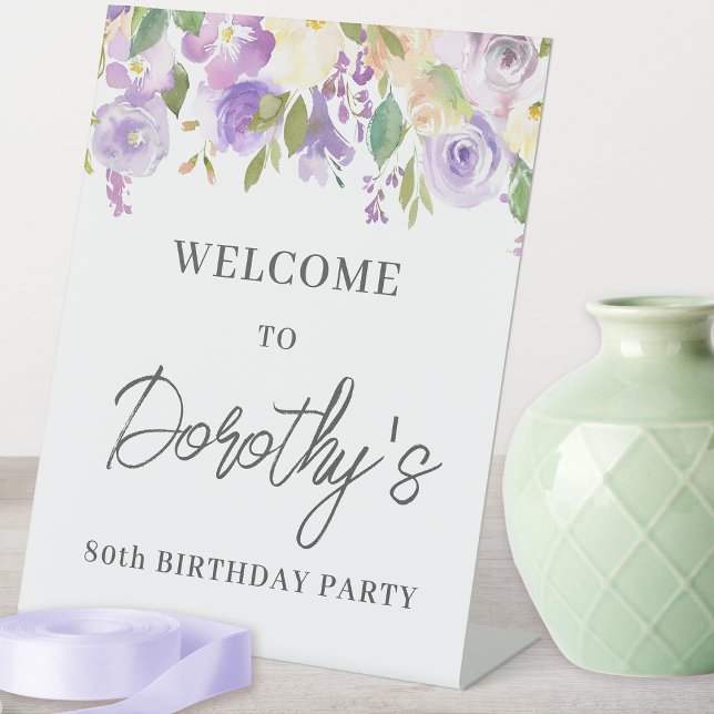 Purple Rose Floral 80th Birthday Welcome Pedestal Sign (Message me if you need to matching party supplies. Napkins, paper plates, balloons etc. )