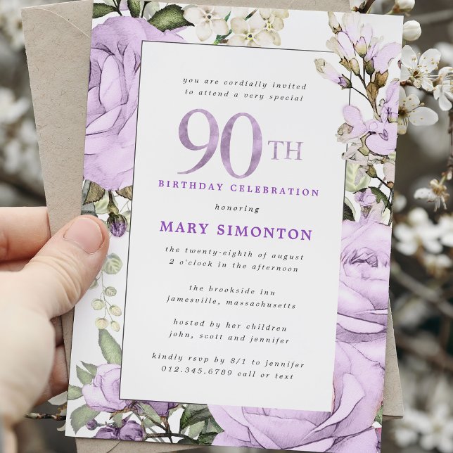 Purple Rose Floral 90th Birthday Party Invitation (Creator Uploaded)