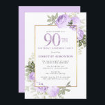Purple Rose Floral 90th Birthday Surprise Party Invitation<br><div class="desc">Honour a special woman with this elegant and feminine 90th Birthday party invitation. 90th is written in large purple text. Birthday Surprise Party follows. The honoured guest's name is also in purple capital letters. The remainder of the text is soft dove grey. The 90th birthday celebration details are surrounded by...</div>