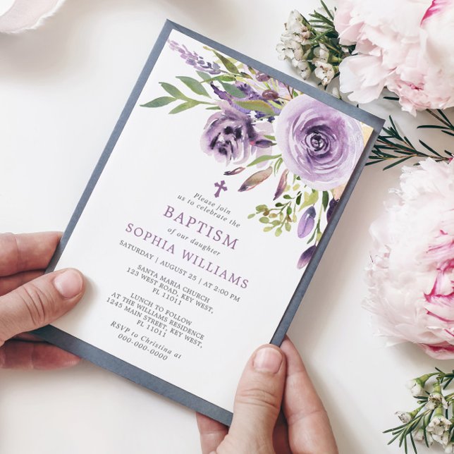Purple Rose Floral Baptism Invitation (Creator Uploaded)
