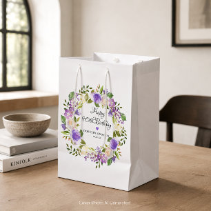 Purple Rose Floral Botanical Wreath 90th Birthday Large Gift Bag