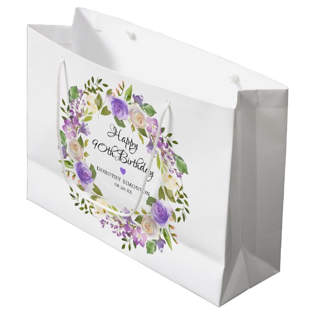Purple Rose Floral Botanical Wreath 90th Birthday Large Gift Bag (Front Angled)