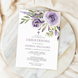 Purple Rose Floral Christening Invitation