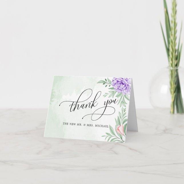 Purple Rose Floral Eucalyptus Boho Wedding Thank You Card (Front)