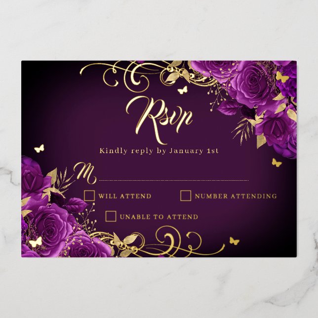 Purple Rose Floral Gold Swirl Gold Quinceanera  (Front)