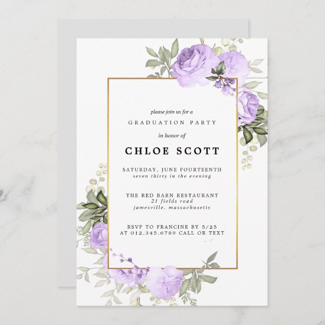 Purple Rose Floral Graduation Invitation (Front/Back)