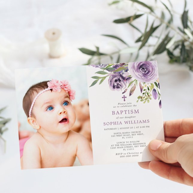 Purple Rose Floral Photo Girl Baptism Invitation (Creator Uploaded)
