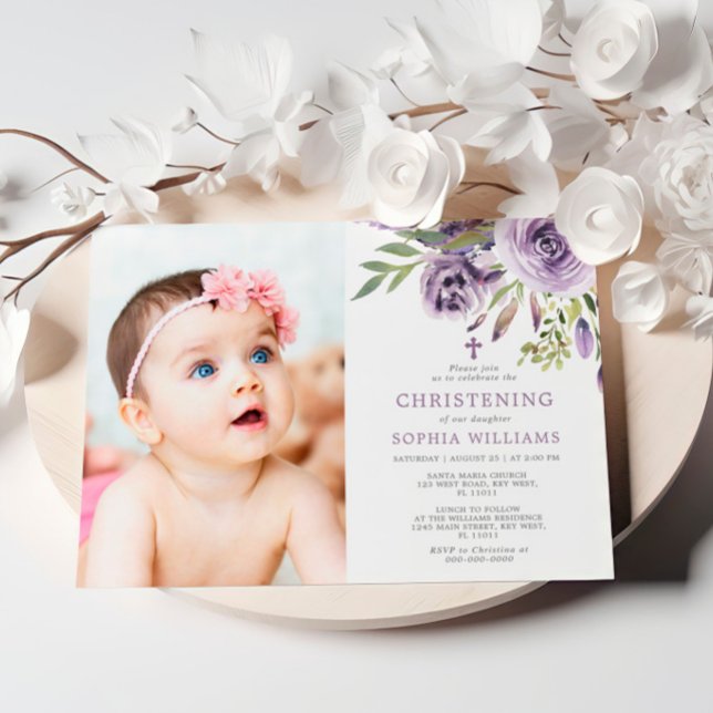 Purple Rose Floral Photo Girl Christening Invitation (Creator Uploaded)