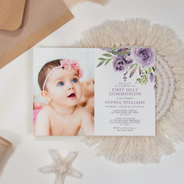 Purple Rose Floral Photo Girl First Holy Communion Invitation (Creator Uploaded)