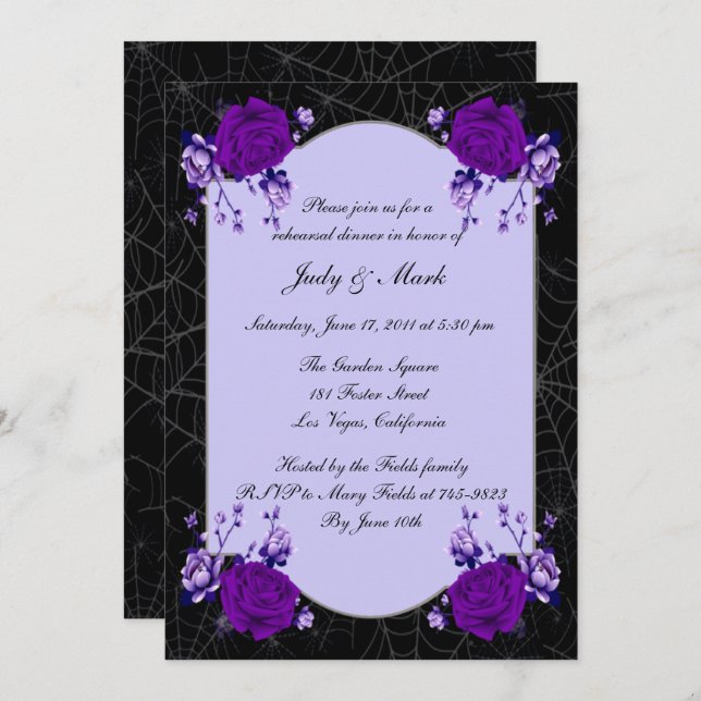 Purple Rose Floral Spiderweb Fall Rehearsal Dinner Invitation (Front/Back)