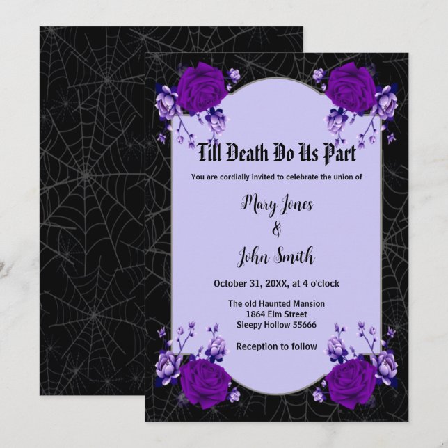 Purple Rose Floral Spiderweb Fall Wedding Invitation (Front/Back)