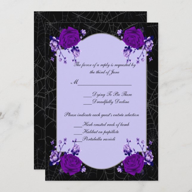 Purple Rose Floral Spiderweb Fall Wedding Response Invitation (Front/Back)