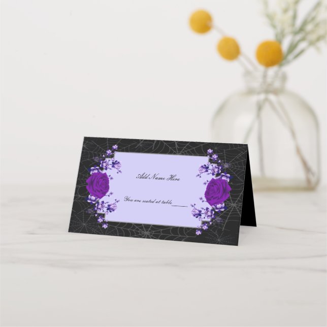 Purple Rose Floral Spiderweb Fall Wedding Table Place Card (Front)