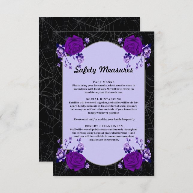 Purple Rose Floral Spiderweb Safety Measures Card (Front/Back)