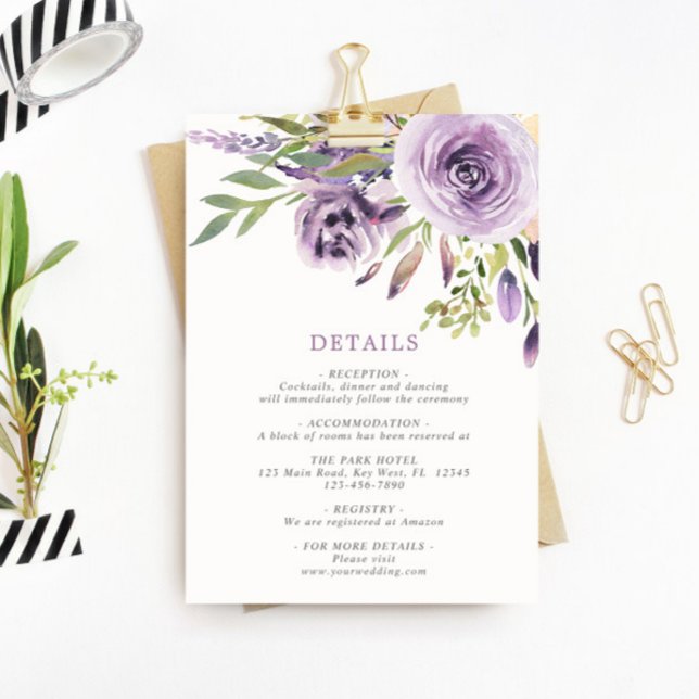 Purple Rose Floral Wedding Details Enclosure Card (Creator Uploaded)