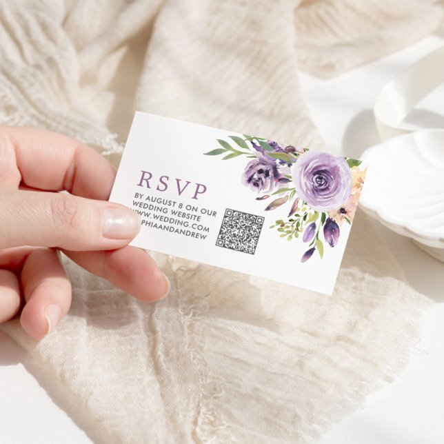 Purple Rose Floral Wedding QR Code RSVP Enclosure Card (Creator Uploaded)