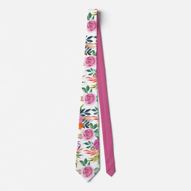 Purple Rose Flowers Floral Pattern Tie (Front)