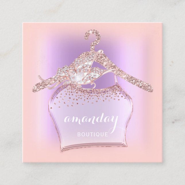 Purple Rose Glitter Diamond Cloth Hanger Boutique Square Business Card (Front)
