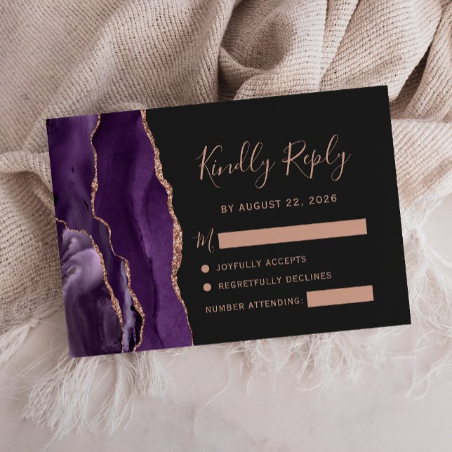 Purple Rose Gold Agate Dark Wedding RSVP (Creator Uploaded)