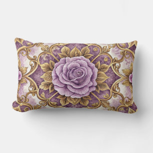 Purple Rose & Gold Baroque Elegant Vintage Floral Lumbar Cushion
